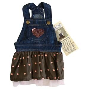 East Side Collection Dog Dress XS Denim Jumper Sequin Heart Brown Pink Dot NWT
